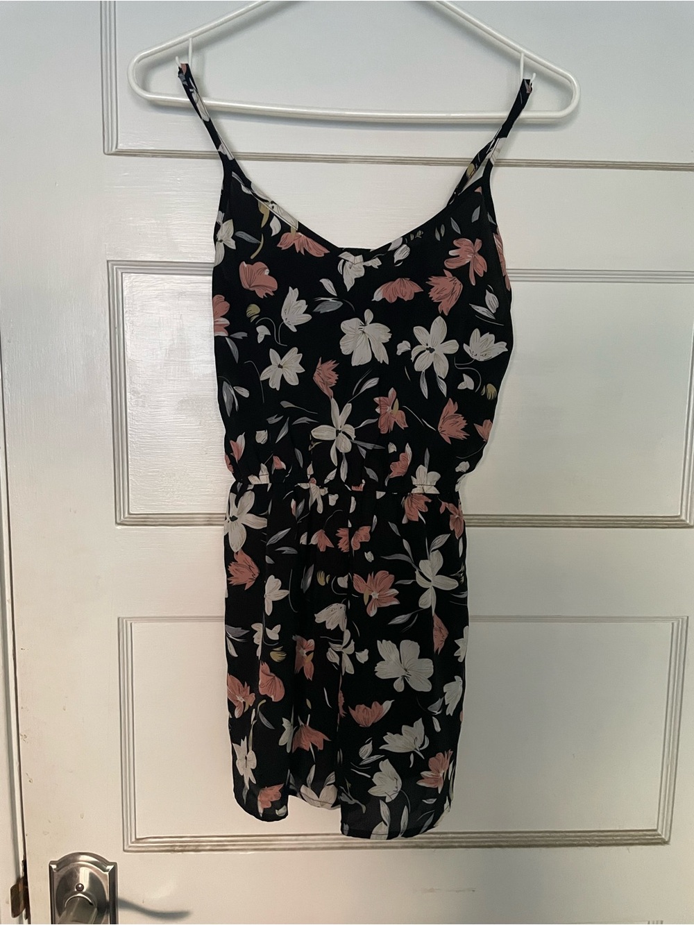 SHEIN Black Floral Spaghetti-Strap Romper with Pink & White Flowers